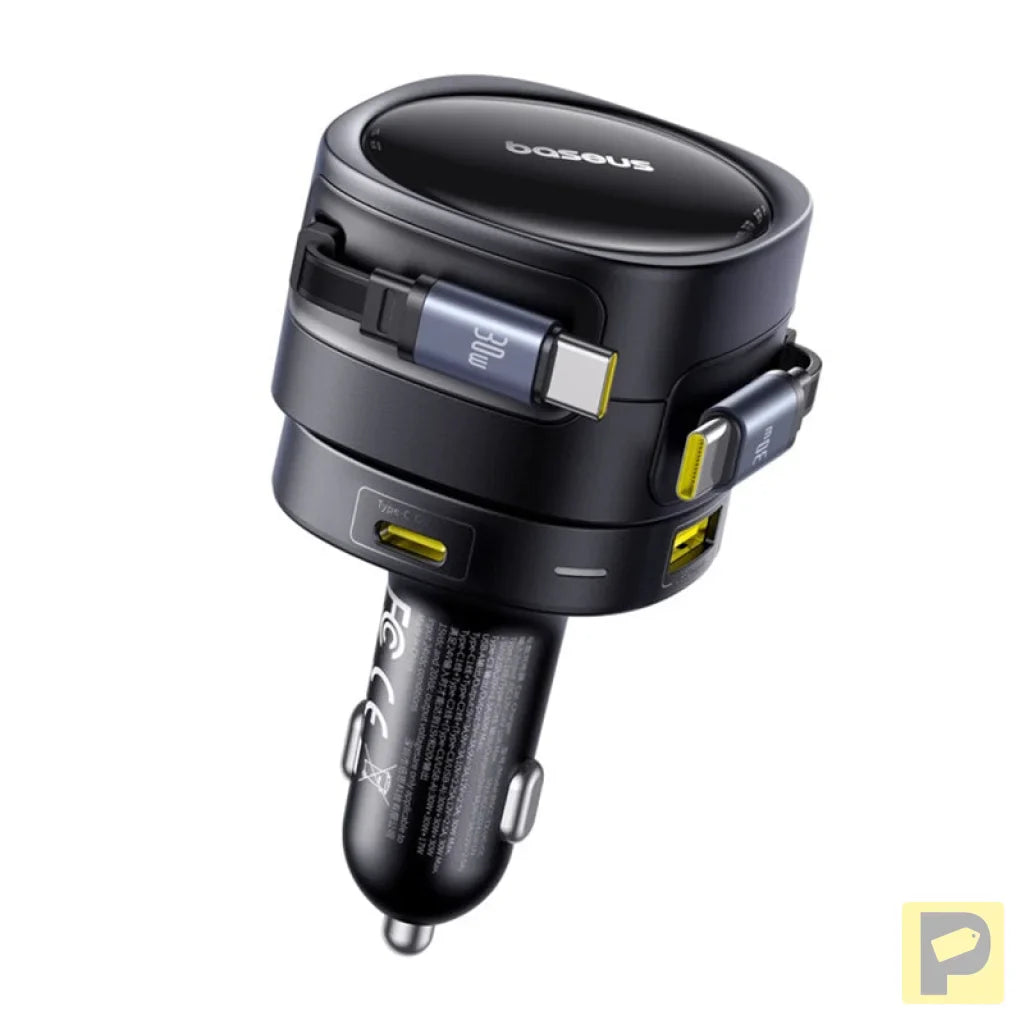 Baseus Enjoyment Max car charger with USB-C+USB-C cables and USB-A+USB-C ports 90W Black