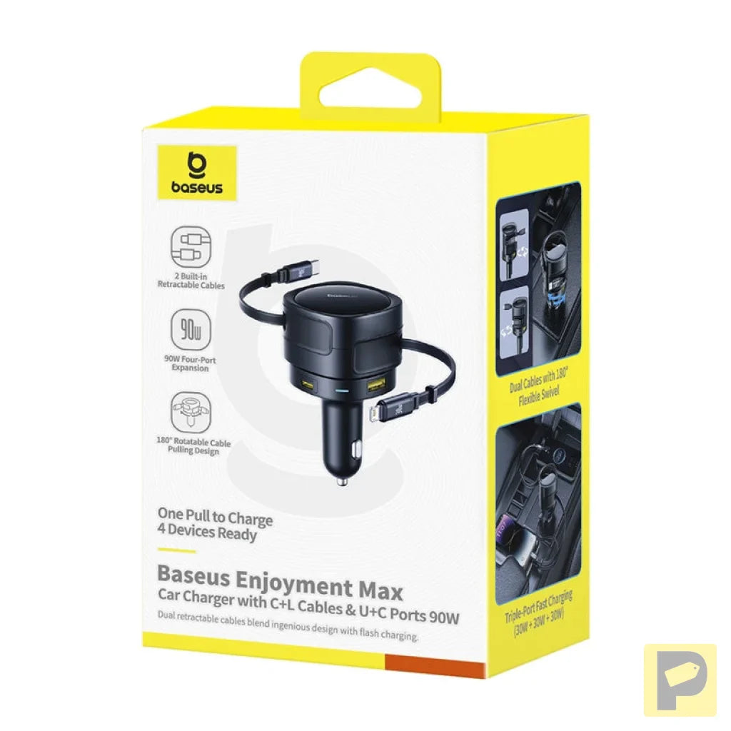 Baseus Enjoyment Max car charger with USB-C+Lightning cables and USB-A+USB-C ports 90W Black