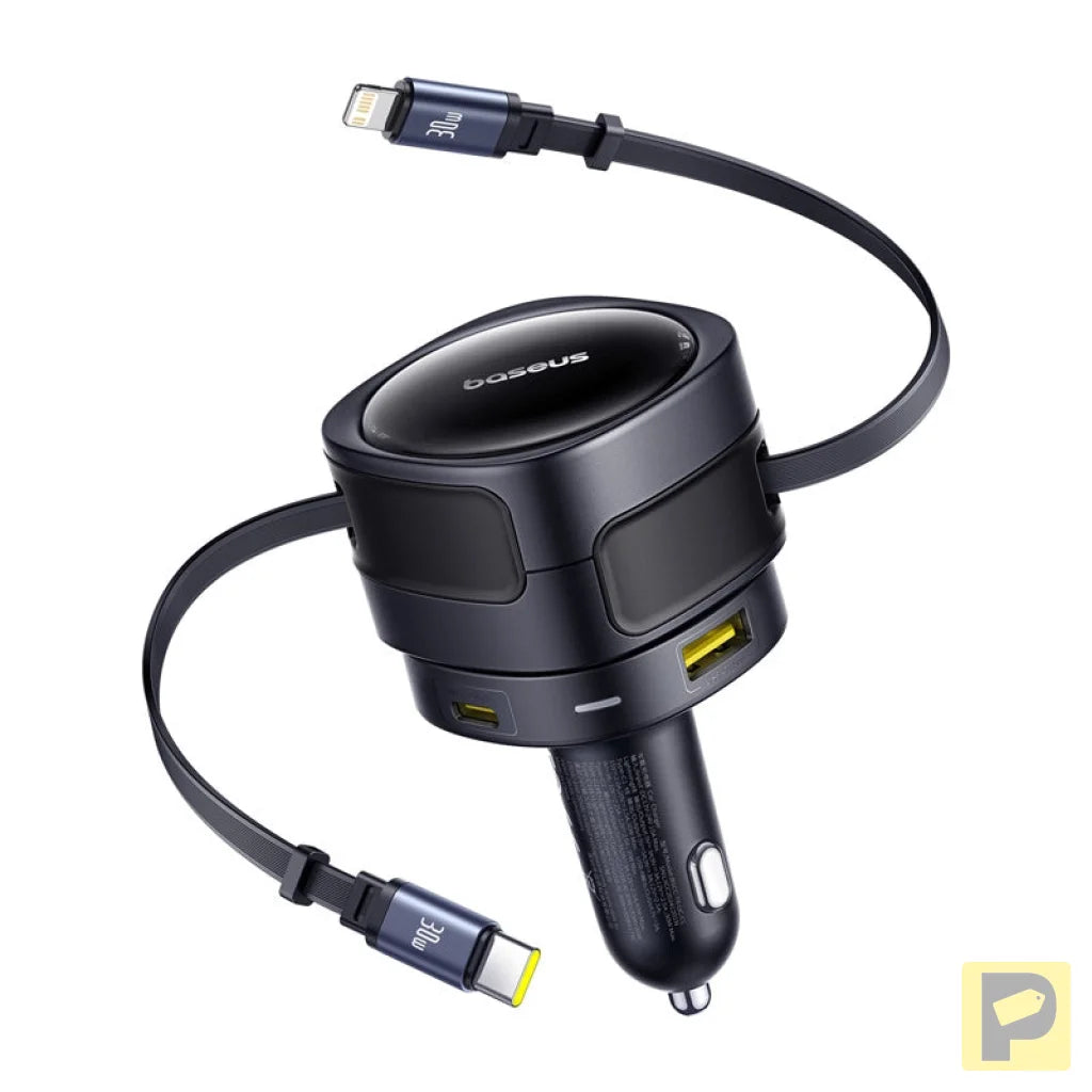 Baseus Enjoyment Max car charger with USB-C+Lightning cables and USB-A+USB-C ports 90W Black