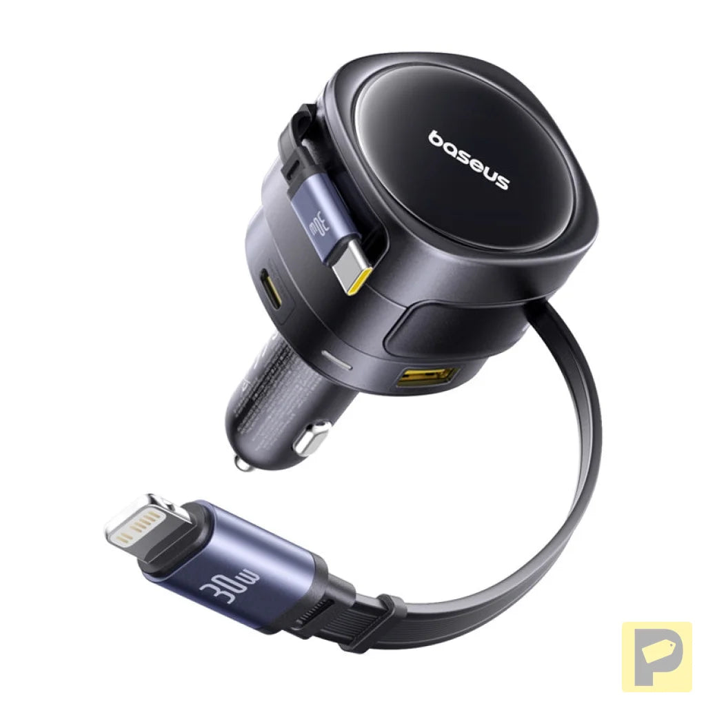 Baseus Enjoyment Max car charger with USB-C+Lightning cables and USB-A+USB-C ports 90W Black