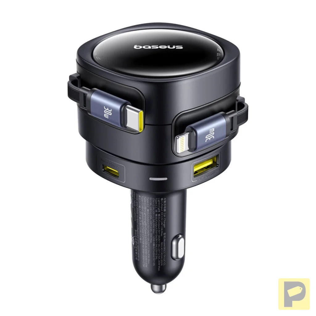 Baseus Enjoyment Max car charger with USB-C+Lightning cables and USB-A+USB-C ports 90W Black