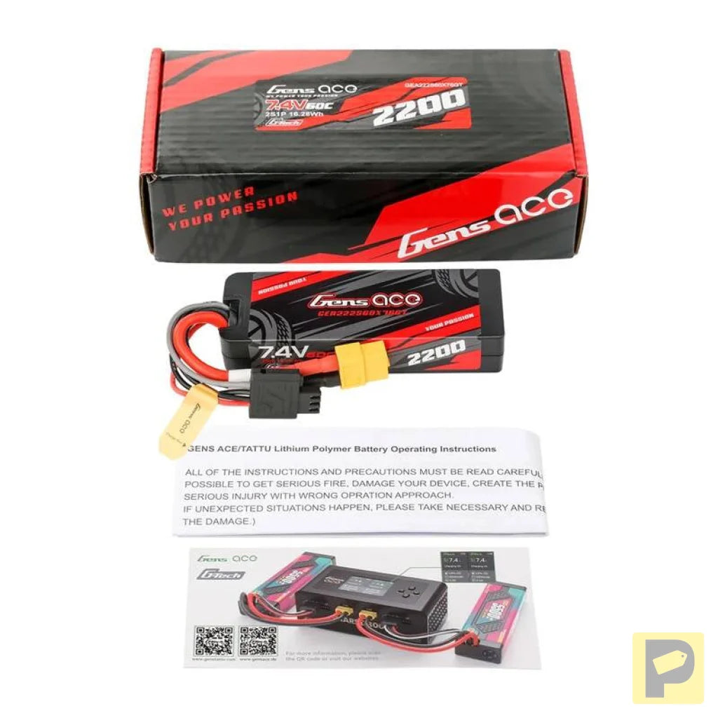 Lipo Gens ace G-Tech 2200mAh 7.4V 2S1P 60C GRP-76 Hardcase Battery with XT60 Plug
