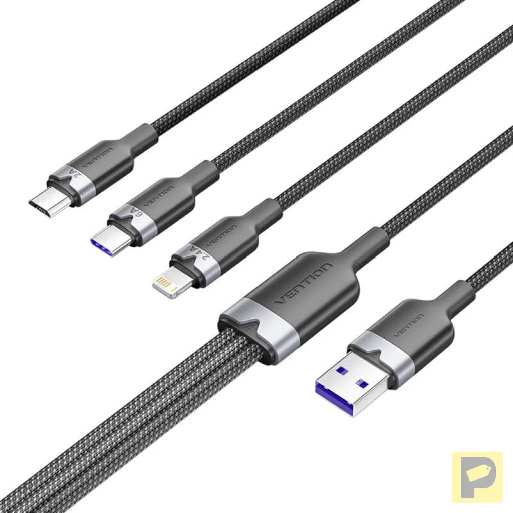 USB 2.0 A to 3-in-1 6A cable Vention CTRBG 1.5M (black)