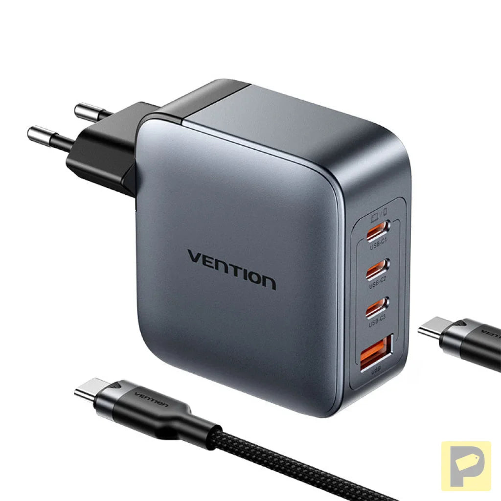 Vention power charger 3x USB-C, 1x USB-A, (100W/100W/30W/30W) (grey) with USB-C to USB-C cable (1m) (black)