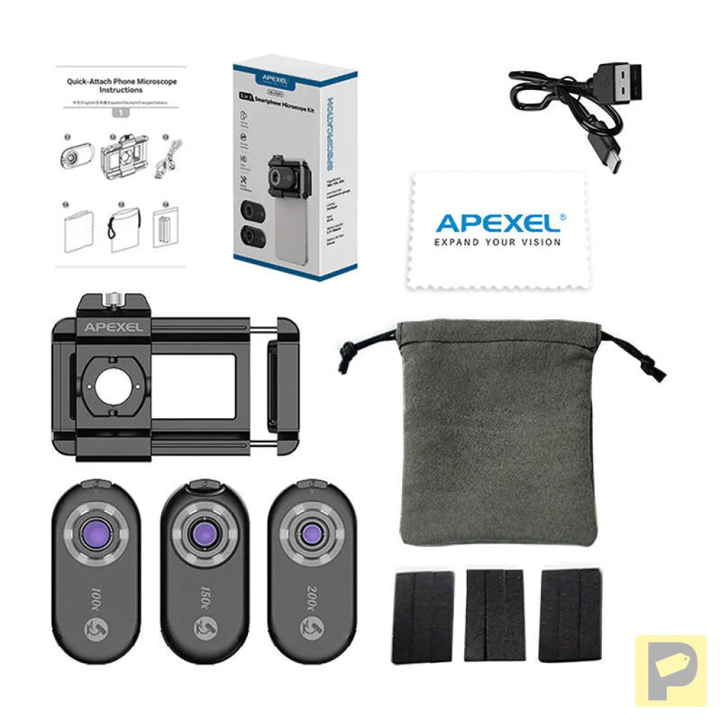 3x CPL lens / microscope for smartphone Apexel APL-MS3IN1, 200x / 150x / 100x