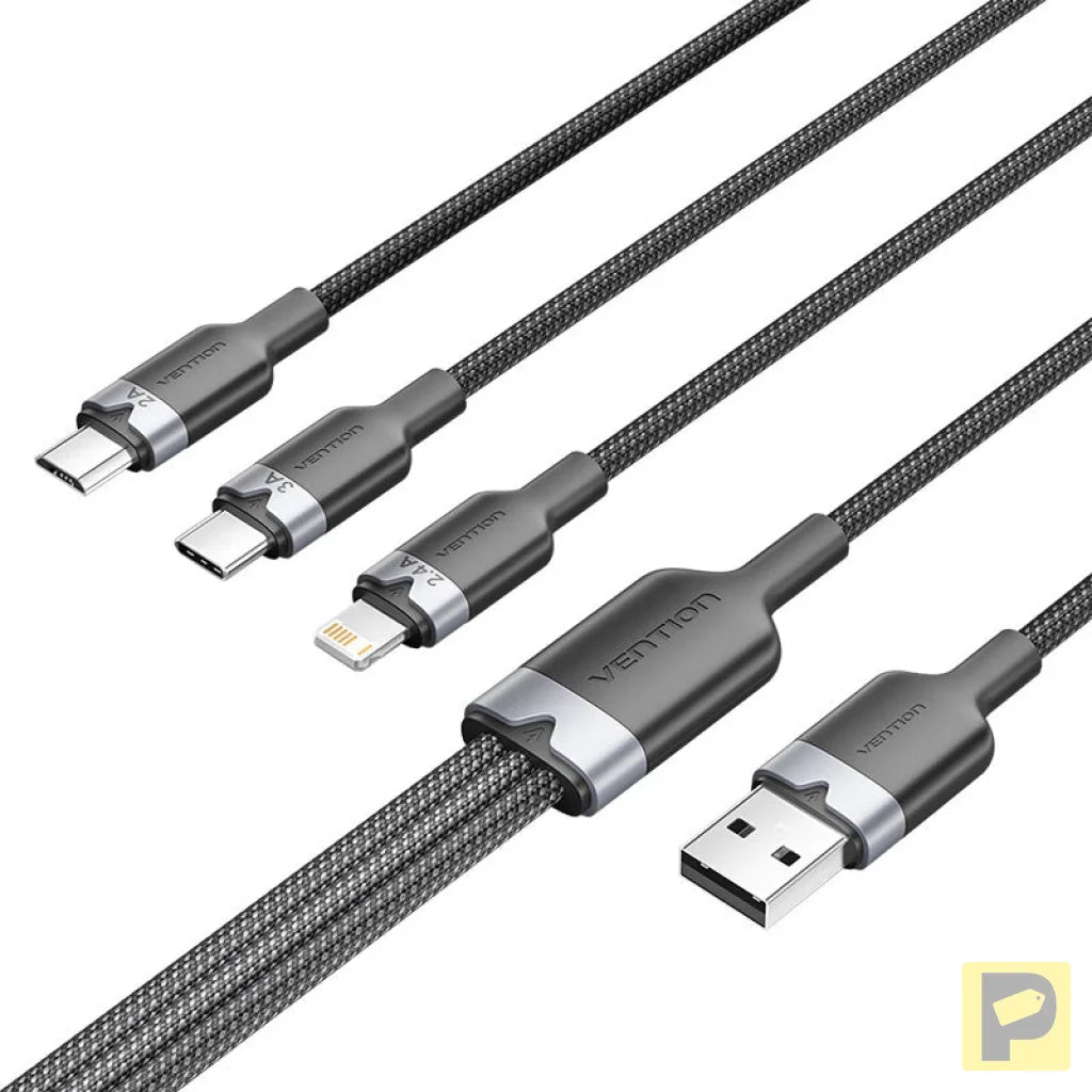 USB 2.0 A male to 3-in-1 USB-C, Lightning and Micro-B male cable Vention 3A CTPBG 1.5m