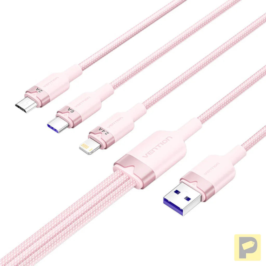 USB 2.0 A to 3-in-1 6A cable Vention CTRPG 1.5M (pink)