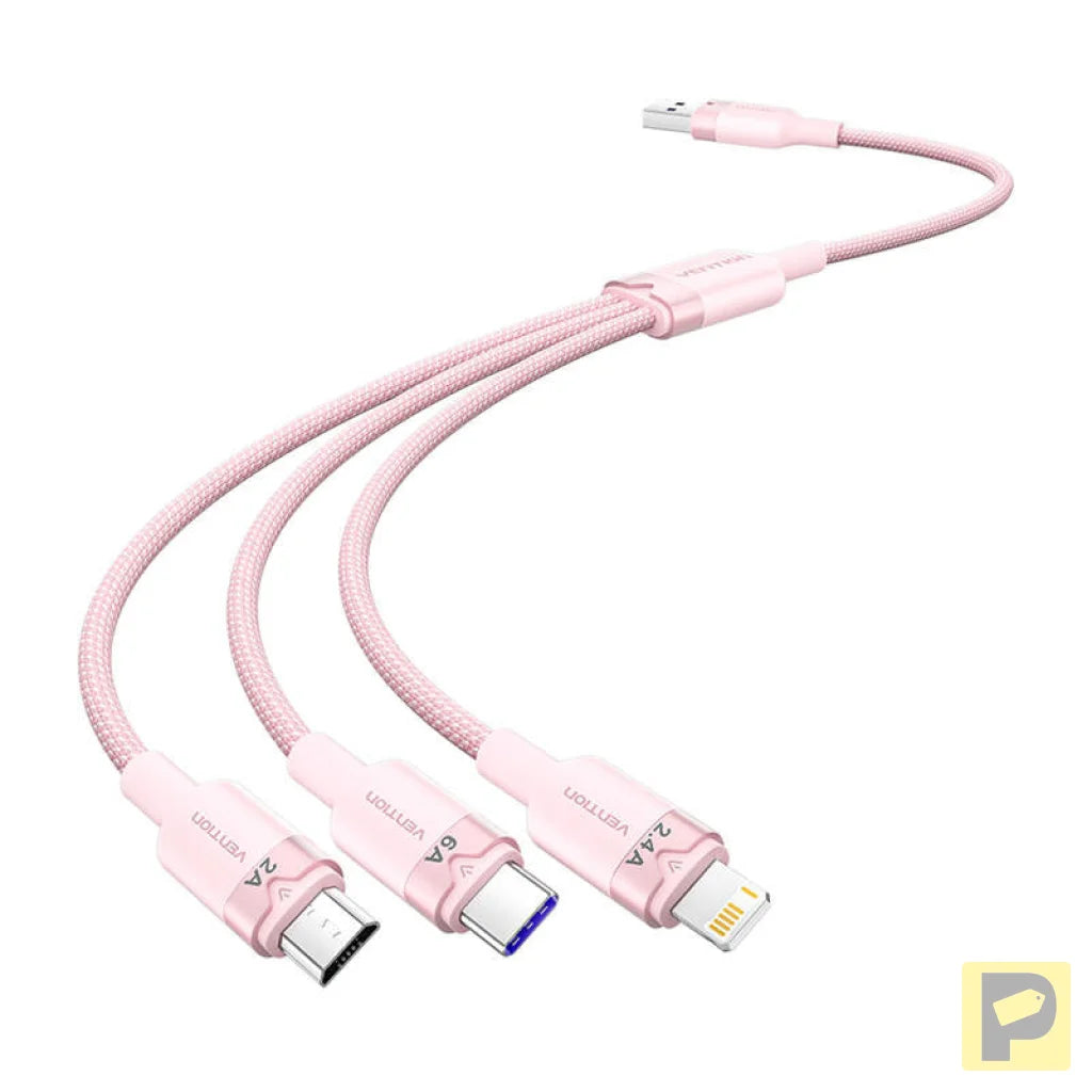 USB 2.0 A to 3-in-1 6A cable Vention CTRPG 1.5M (pink)