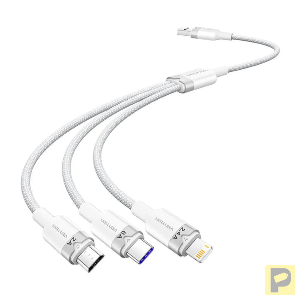 USB 2.0 A to 3-in-1 6A cable Vention CTRWG 1.5M (white)