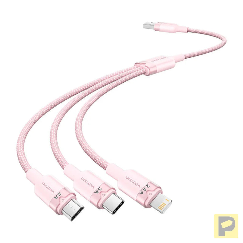 USB 2.0 A to 3in1 3A cable Vention CTPPG 1.5M (pink)